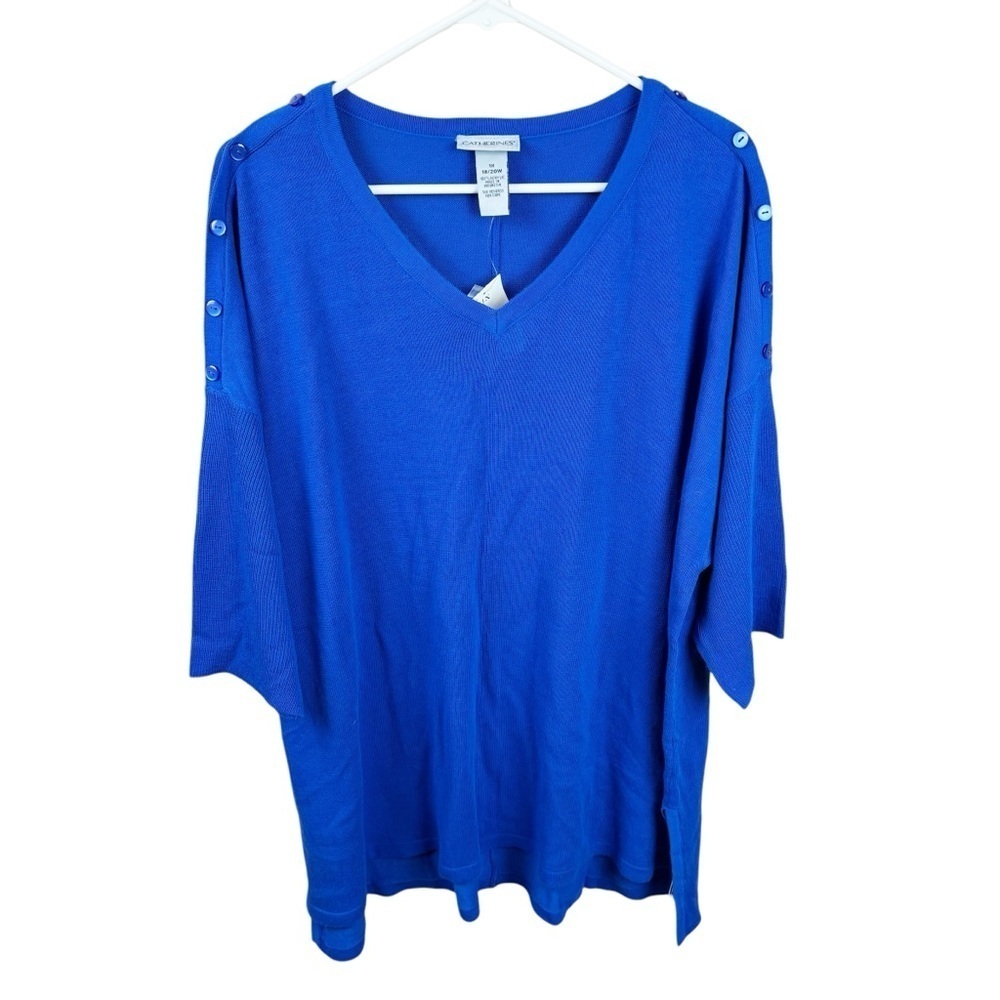 Catherine's Blue V Neck Short Sleeve Button Shoulder Sweater - With Flaw